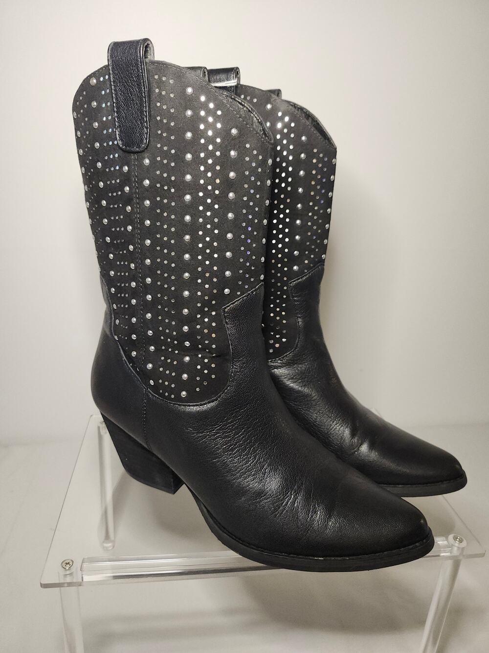 Reba Women's Studded Western Boot Cowgirl Jet Black Sz 8 Leather Rhinestones